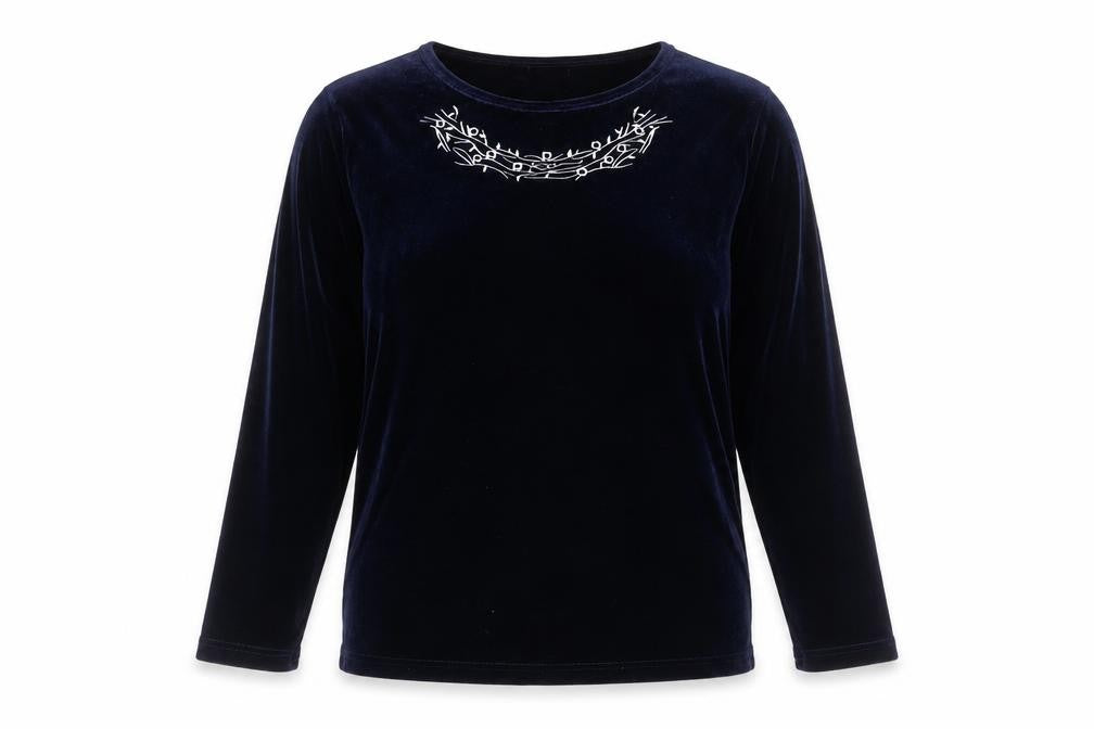 Front view of CLAIRE NEUVILLE women’s black polyester basic t-shirt, size UK 16, round neck