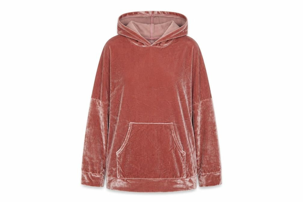 Front view of women’s pink polyester pullover hoodie, size L
