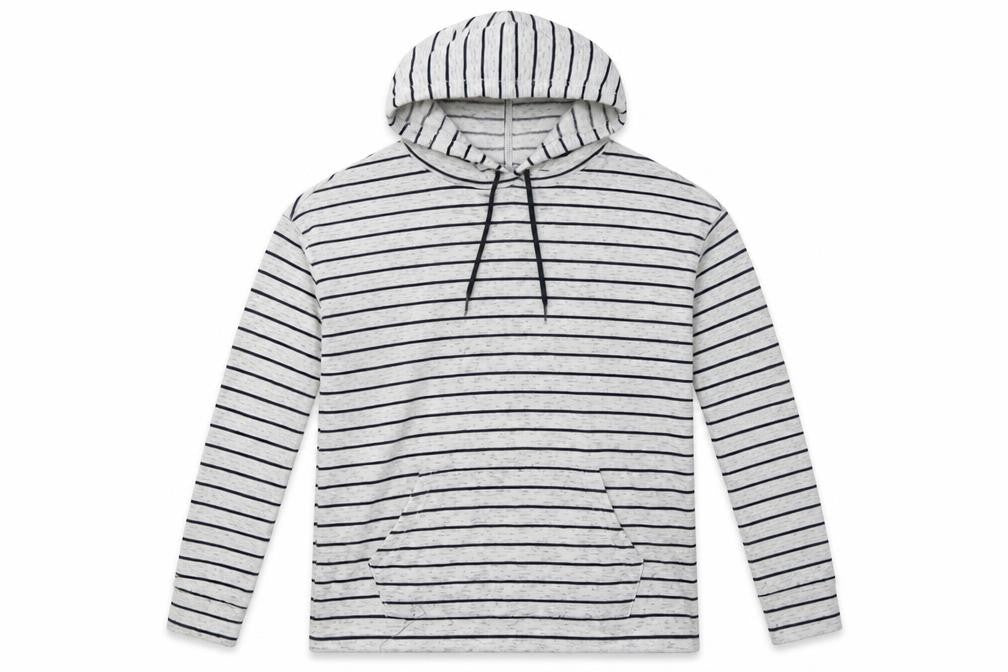 Front view of Papaya women’s grey striped polyester pullover hoodie, size S