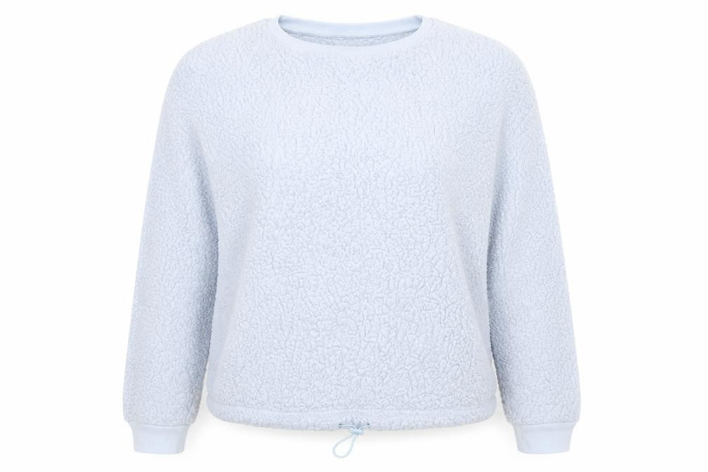 Front view of Primark women’s blue round neck polyester jumper, size UK 12