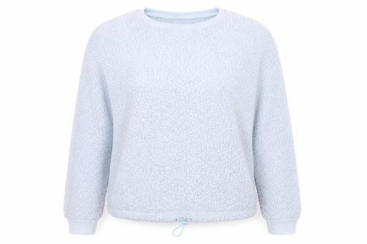 Front view of Primark women’s blue round neck polyester jumper, size UK 12