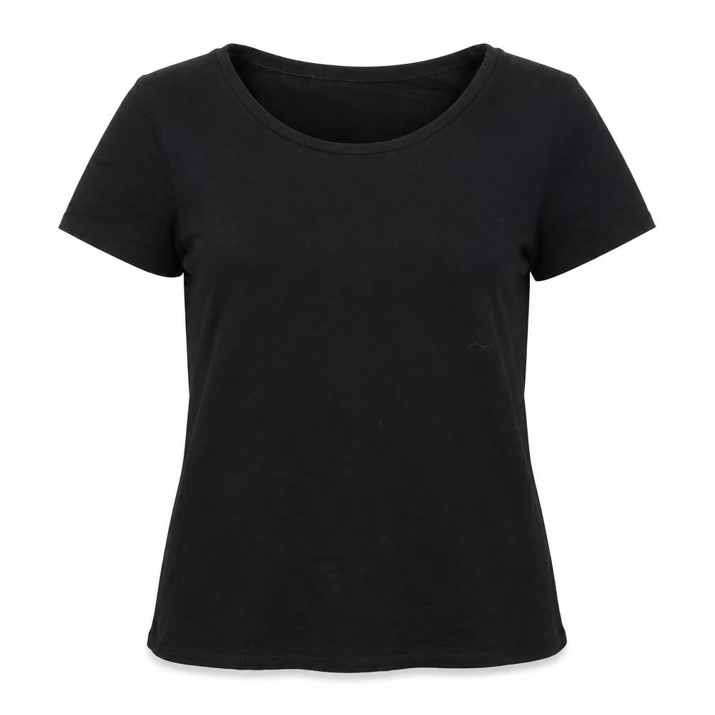 Front view of Preworn women’s black acrylic basic t-shirt, size M, round neck