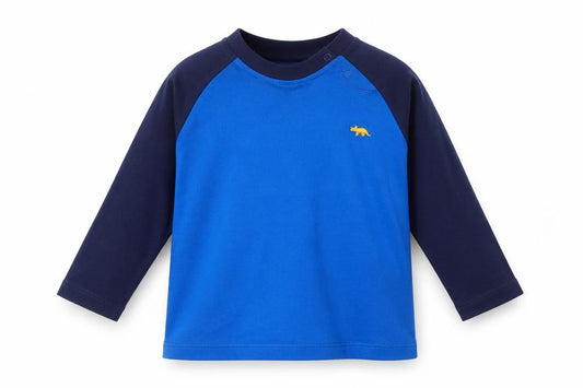 Front view of F&F boys’ blue colourblock cotton basic t-shirt, size 9-12, months crew neck