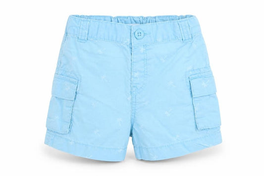 Front view of Victor Dodea boys’ blue floral cargo trousers, size 12, months - palm tree print back elastication
