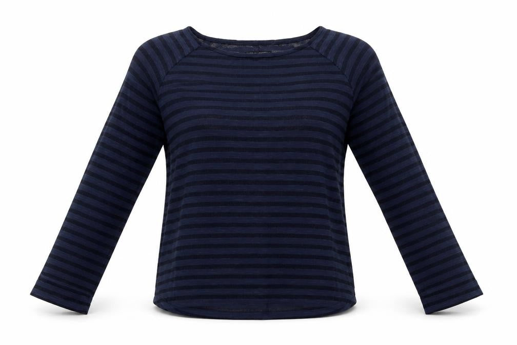 Front view of Next women’s blue striped polyester basic blouse, size UK 8, crew neck