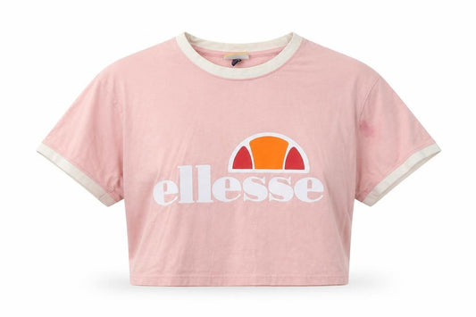 Front view of Ellesse women’s pink cotton cropped polo, size UK 8, crew neck