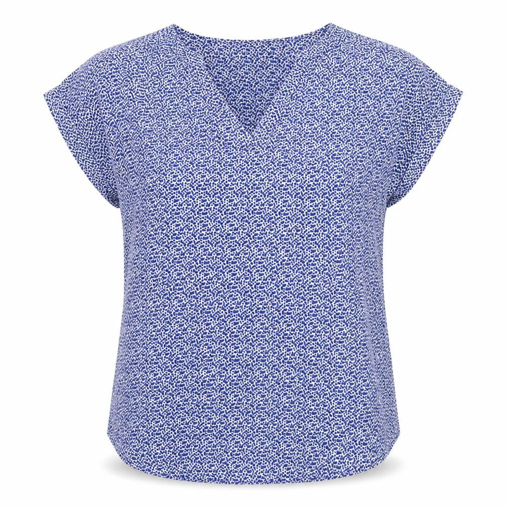 Front view of Papaya women’s blue geometric polyester basic blouse, size UK 10, v-neck - small square blue mix pattern