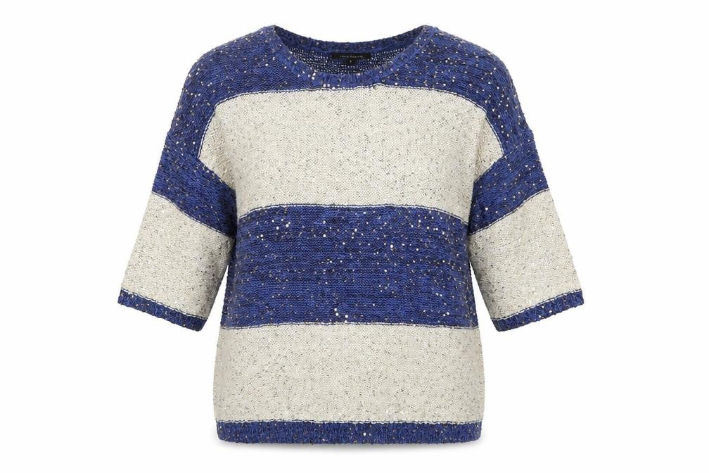 Front view of River Island women’s multicoloured round neck striped polyester jumper, size UK 8