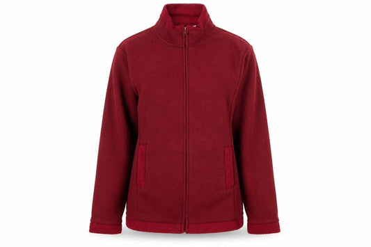 Front view of Anne De Lancay women’s red mock neck polyester full zip jumper, size UK 10