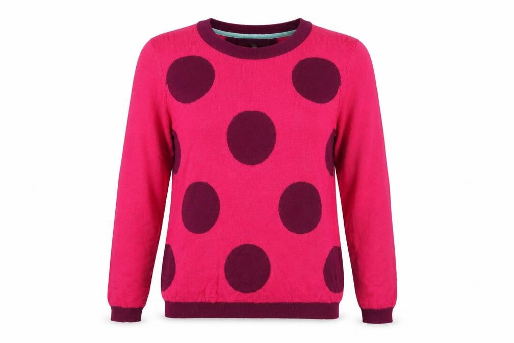 Front view of Dickens & Jones women’s pink round neck polka dot nylon jumper, size M