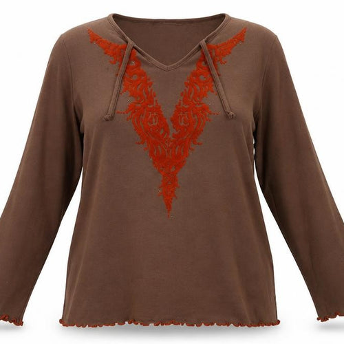 M&S Womens Brown  Cotton Basic Blouse Size 2XL Round Neck - Frill Detail Bohemian