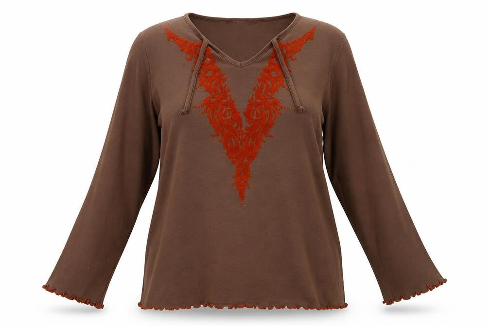 M&S Womens Brown  Cotton Basic Blouse Size 2XL Round Neck - Frill Detail Bohemian