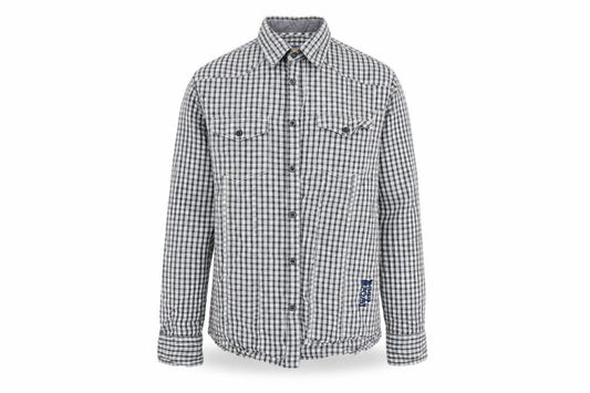 Front view of Marks & Spencer men’s grey check cotton button-up, size M, collared button