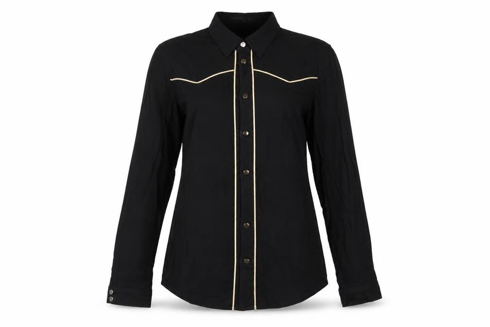 Front view of Atmosphere women’s black viscose basic button-up, size UK 6, collared