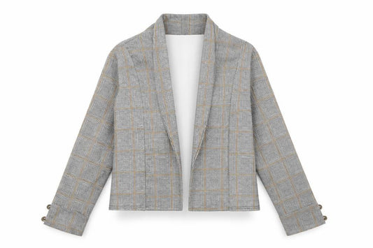 Front view of Select women’s grey high neck check polyester cardigan jumper, size UK 8
