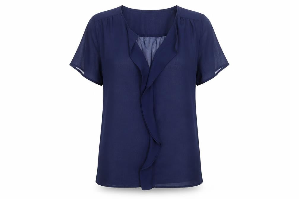 Front view of Tu women’s blue polyester basic blouse, size UK 10, v-neck