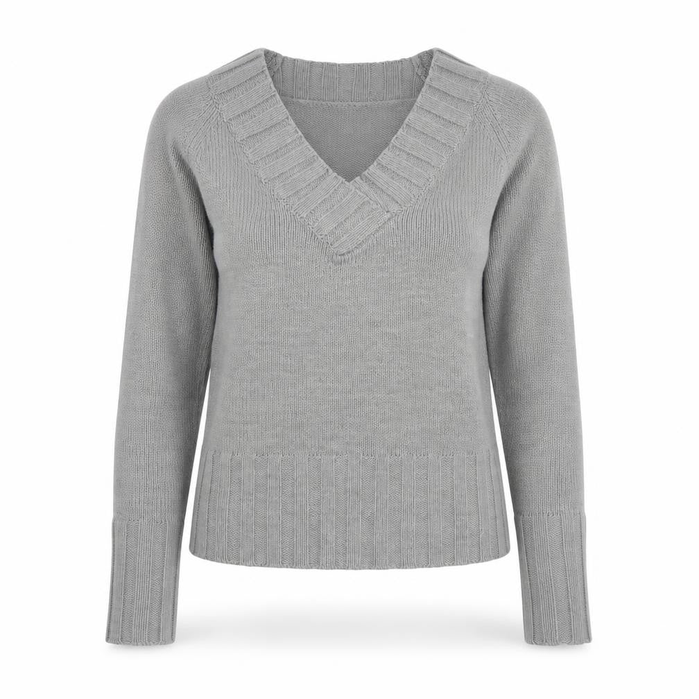 Front view of La Redoute women’s grey v-neck acrylic jumper, size UK 4