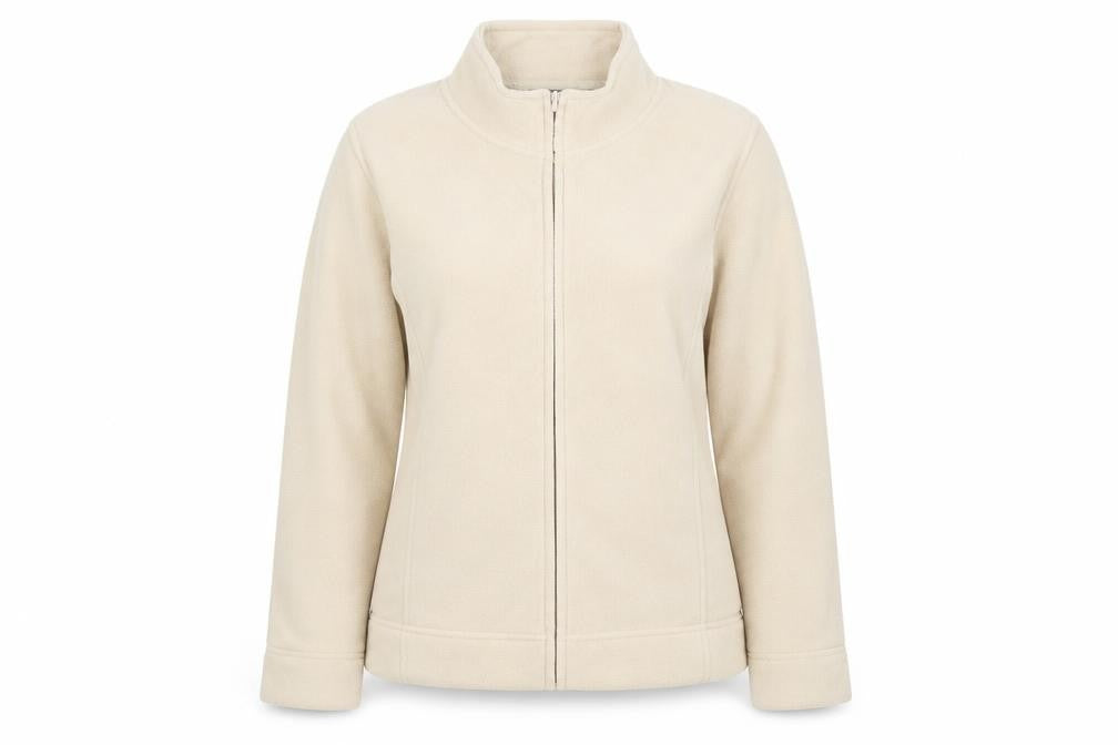 Front view of Isle women’s beige collared polyester full zip jumper, size M