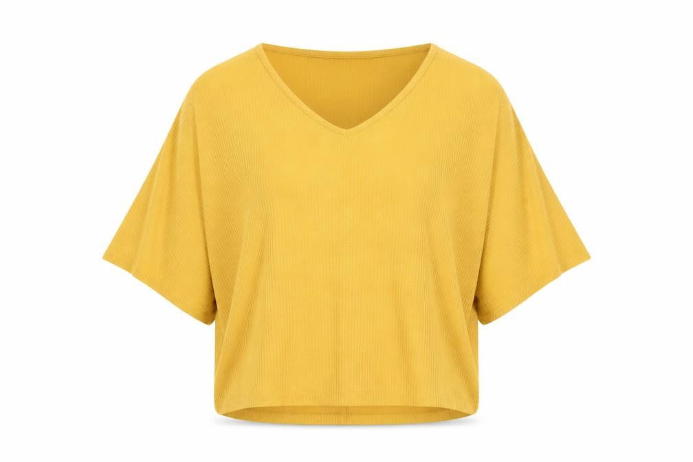 Front view of New Look women’s yellow viscose basic blouse, size M, v-neck