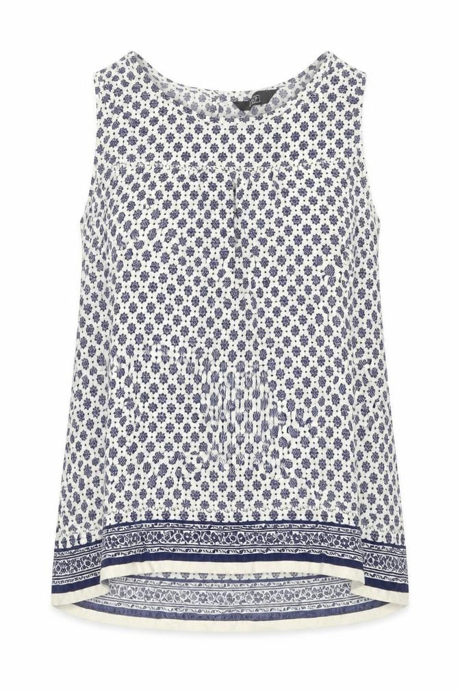 Front view of F&F women’s blue floral viscose basic blouse, size UK 8, round neck