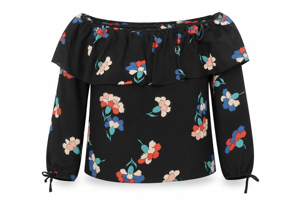 Front view of Atmosphere women’s black floral polyester basic blouse, size UK 6, off the shoulder