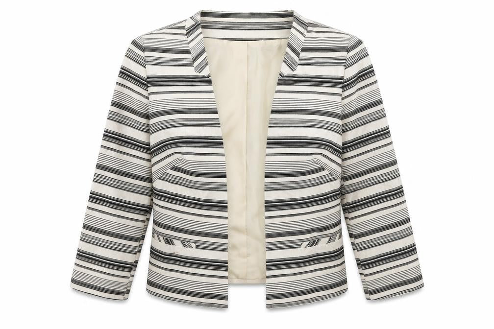 Front view of BHS women’s multicoloured striped linen jacket blazer, size UK 10