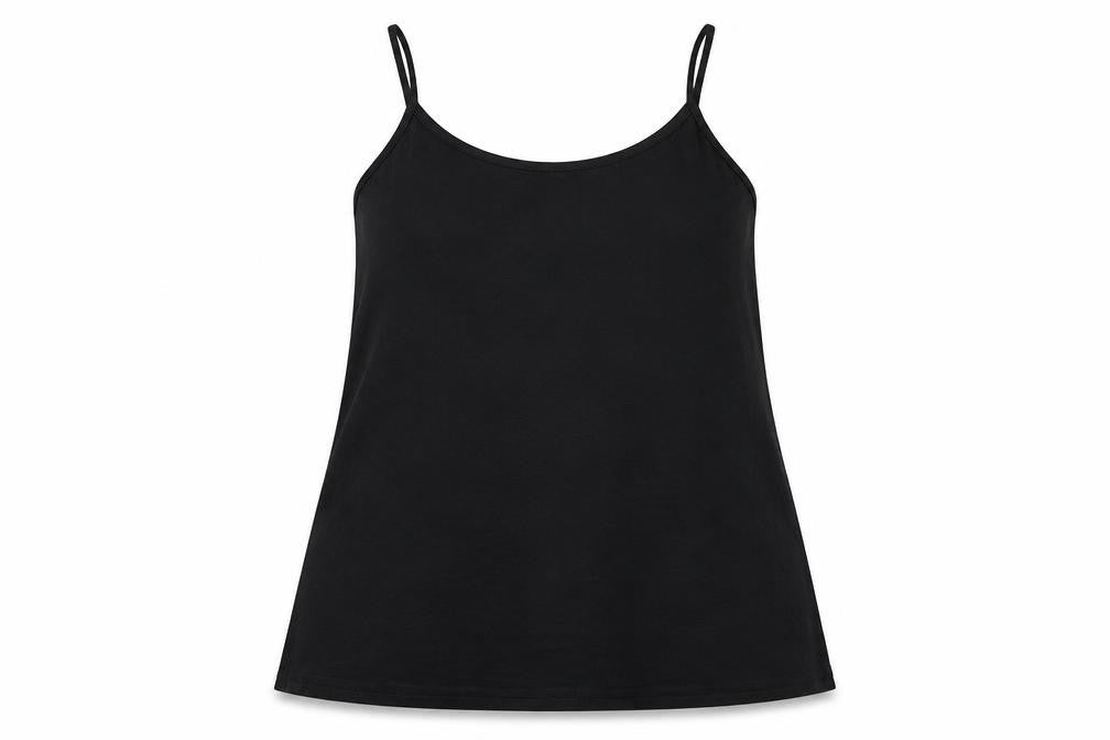 Front view of Boohoo women’s black viscose basic tank, size UK 18, off the shoulder