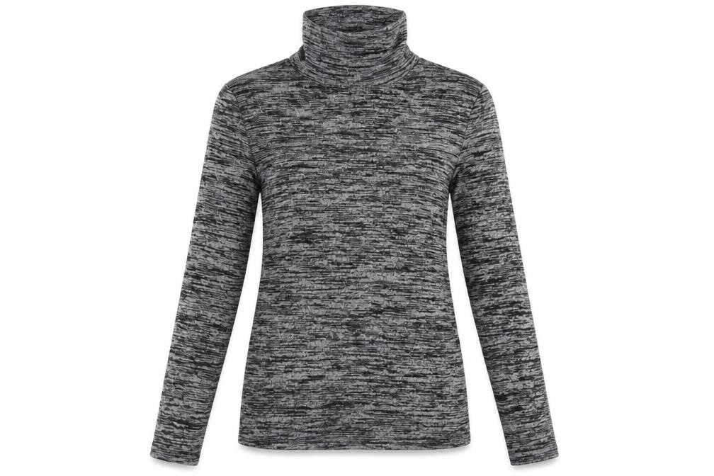 Front view of Lottie women’s grey roll neck striped viscose jumper, size UK 8
