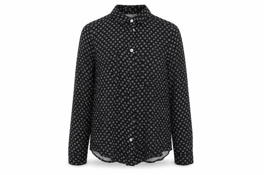 Front view of Oasis women’s black geometric basic button-up, size UK 8, collared