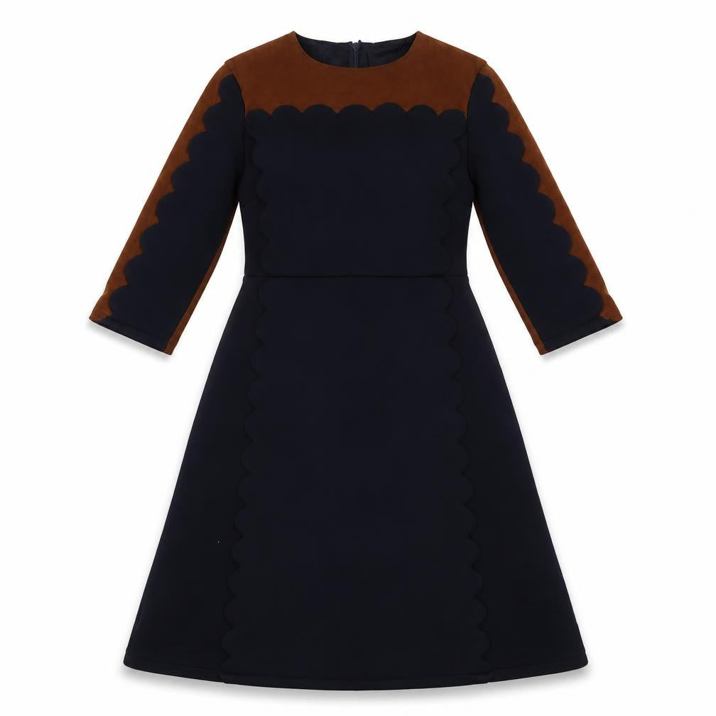 Front view of Magnolia women’s blue colourblock polyester fit & flare, size XS, crew neck