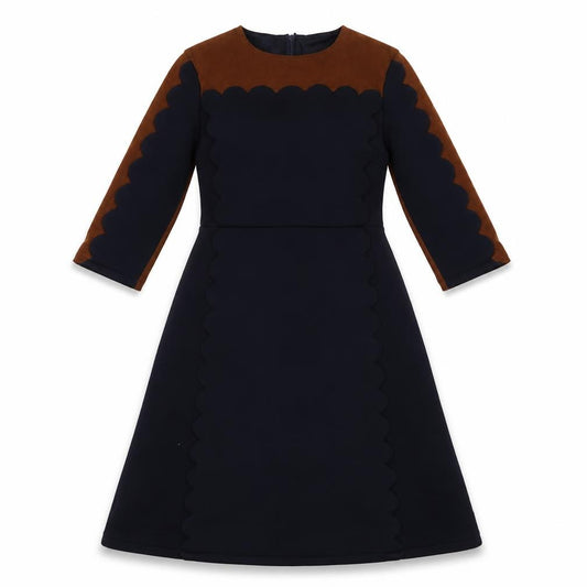 Front view of Magnolia women’s blue colourblock polyester fit & flare, size XS, crew neck