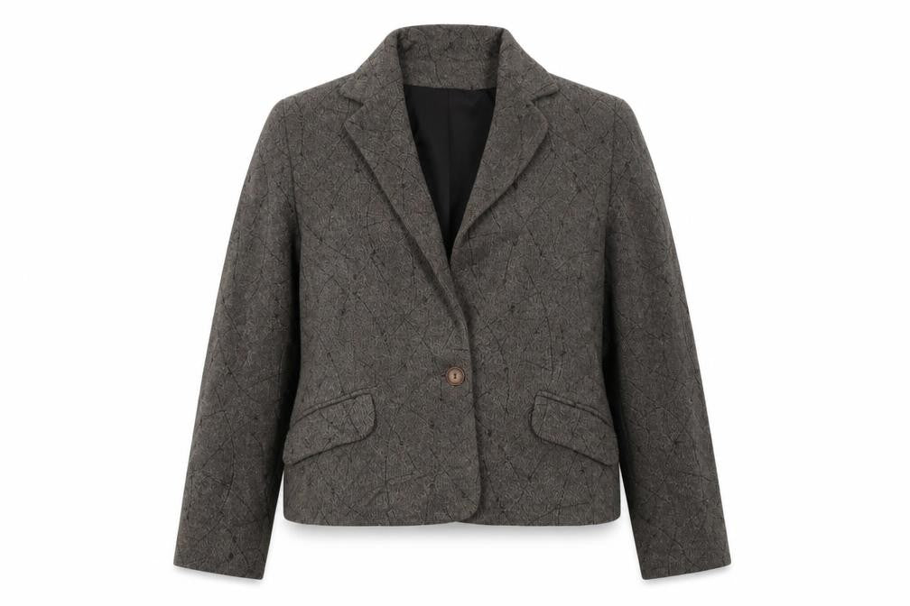 Front view of Preworn women’s grey geometric jacket blazer, size UK 18