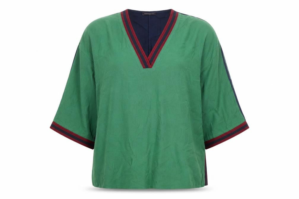 Front view of Marks & Spencer women’s green viscose basic blouse, size UK 12, v-neck