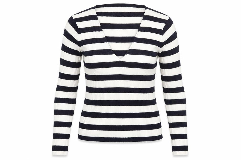 Front view of Atmosphere women’s blue v-neck striped polyester jumper, size UK 12