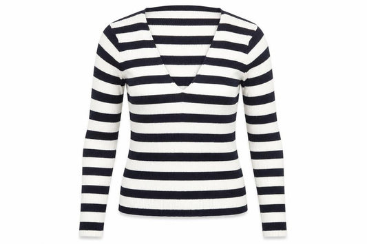Front view of Atmosphere women’s blue v-neck striped polyester jumper, size UK 12
