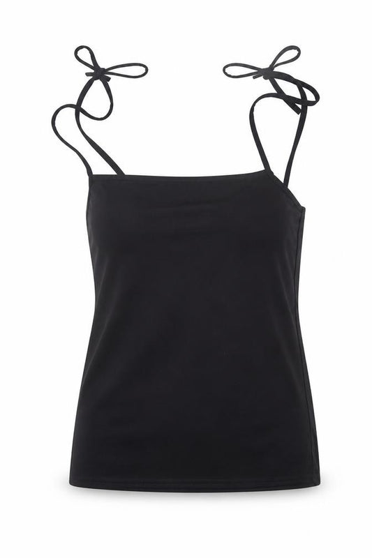 Front view of PRETTYLITTLETHING women’s black polyester camisole blouse, size UK 10, round neck