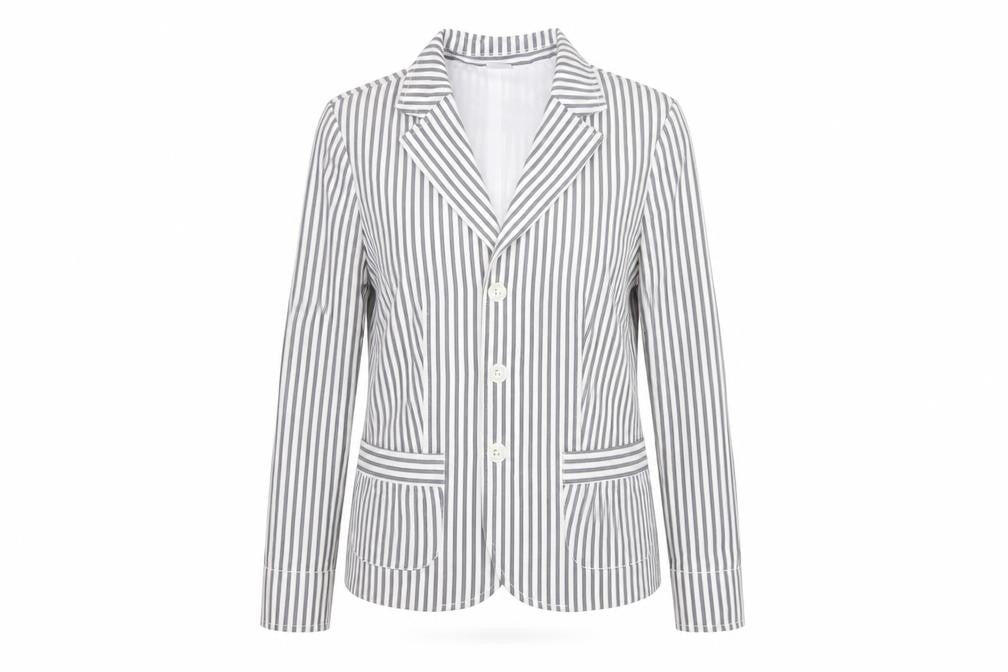 Front view of Damart women’s grey striped jacket blazer, size UK 16