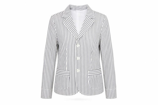 Front view of Damart women’s grey striped jacket blazer, size UK 16