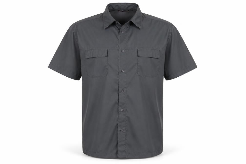 Front view of Whispering Smith men’s grey polyester button-up, size XL, collared