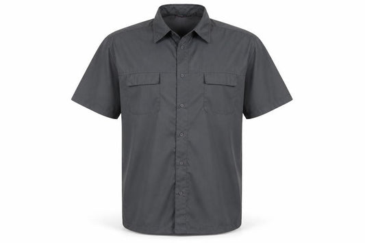 Front view of Whispering Smith men’s grey polyester button-up, size XL, collared