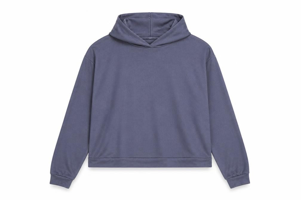 Front view of Jeff&CO women’s blue polyester pullover hoodie, size UK 12