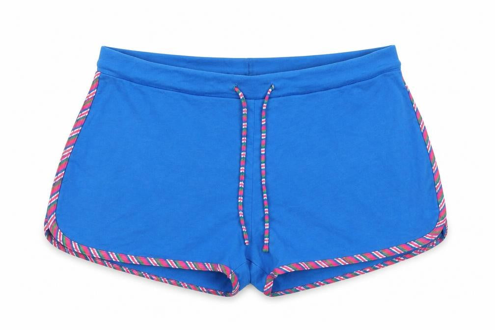 Front view of Xe women’s blue polyester boyfriend shorts, size XL, regular