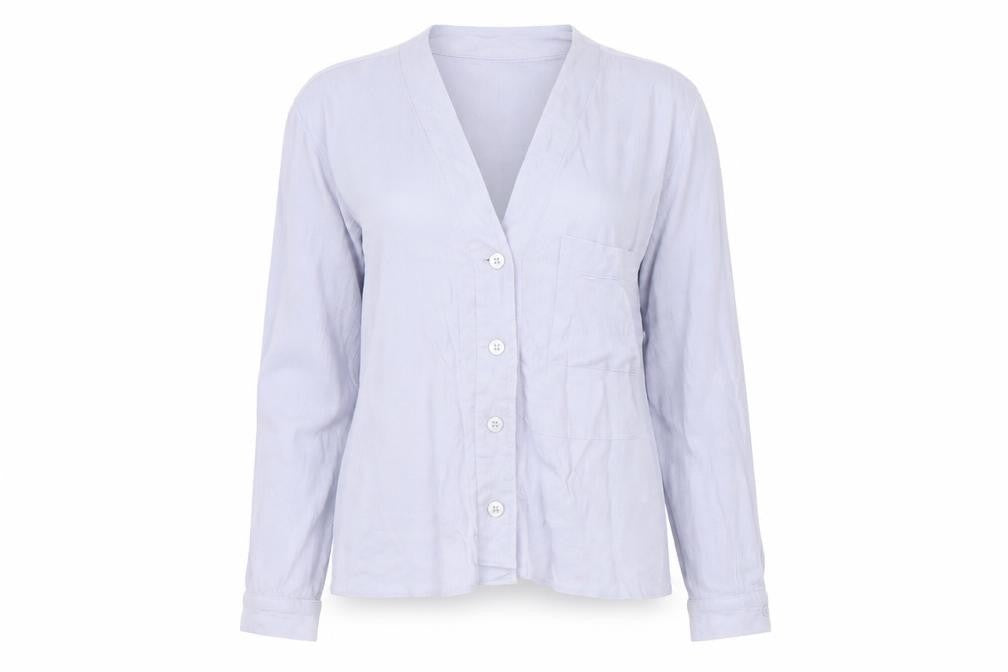 Front view of Topshop women’s purple viscose basic button-up, size UK 6, v-neck
