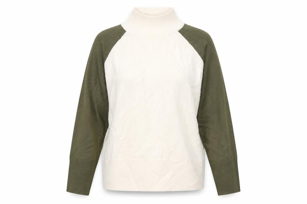 Front view of Marks & Spencer women’s beige high neck acrylic jumper, size S