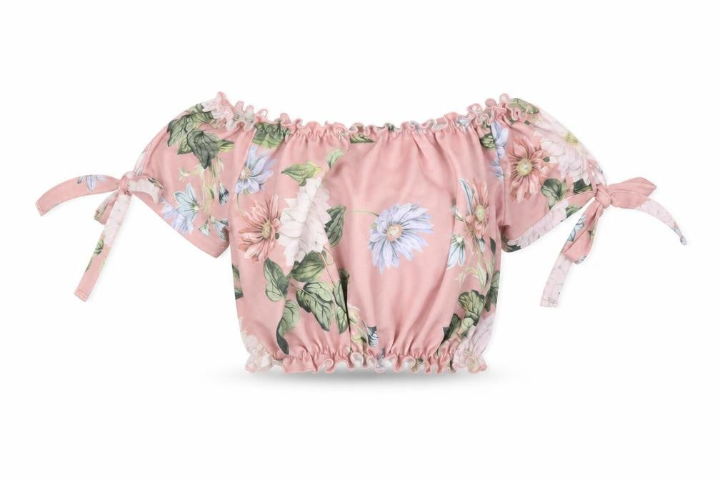 Front view of New Look women’s pink floral polyester basic t-shirt, size UK 10, off the shoulder