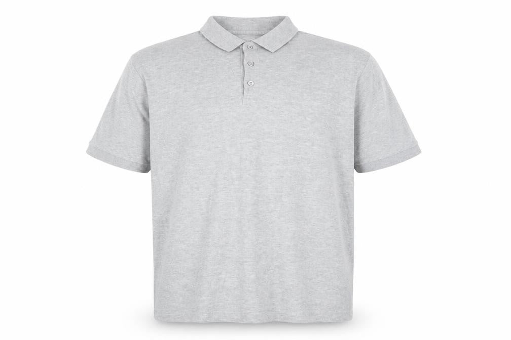 Front view of Easy men’s grey cotton polo, size L, collared