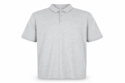 Front view of Easy men’s grey cotton polo, size L, collared