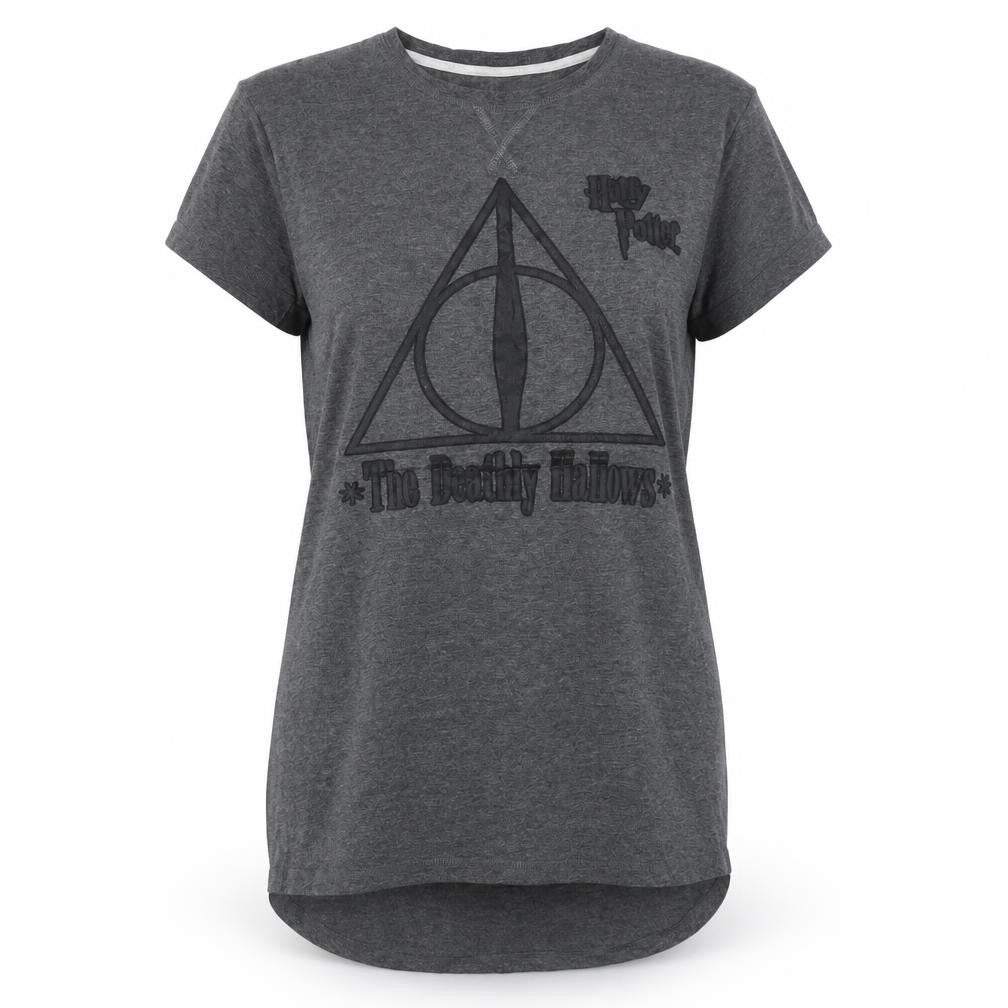 Front view of Primark women’s grey solid polyester pyjama top, size S, - the deathly hallows