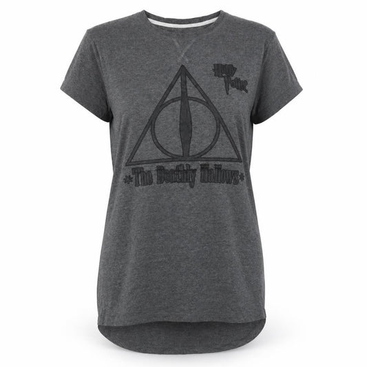 Front view of Primark women’s grey solid polyester pyjama top, size S, - the deathly hallows
