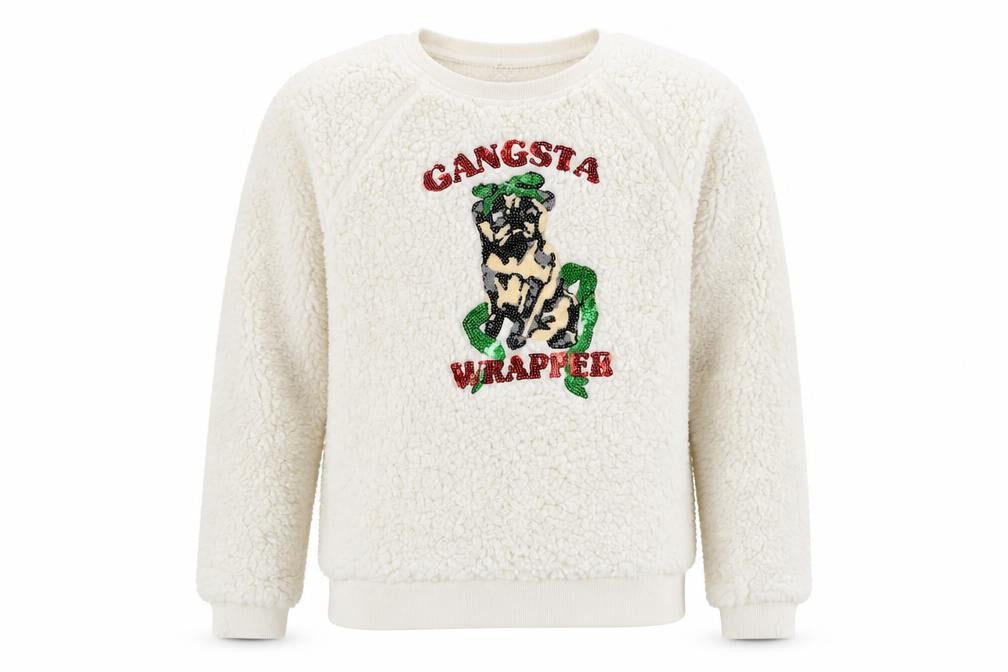 Preworn Mens White Round Neck  Cotton Pullover Jumper Size L   - Gangsta Wrapper, Christmas